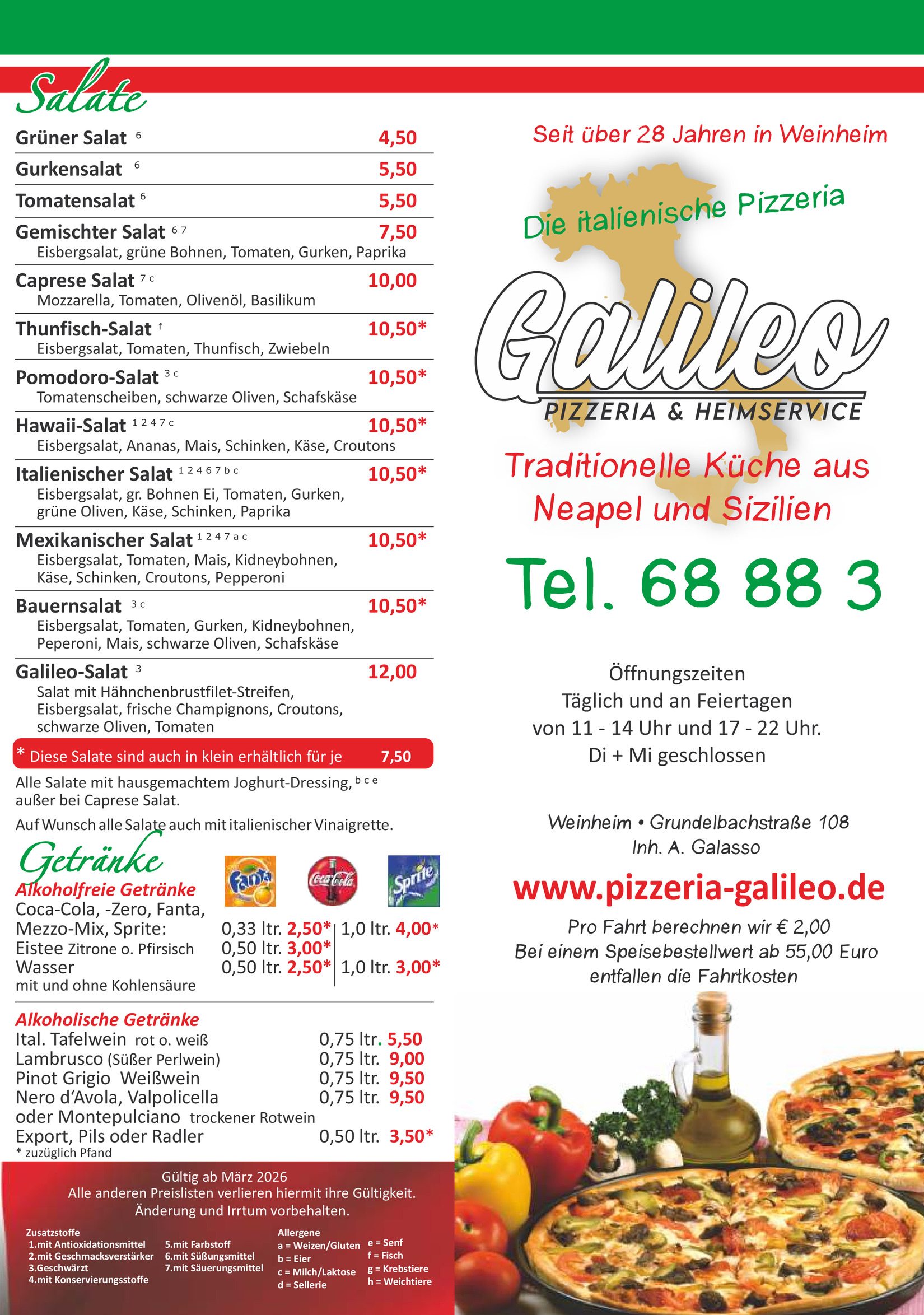 Speisekarte Seite 1 - Salate und Getränke