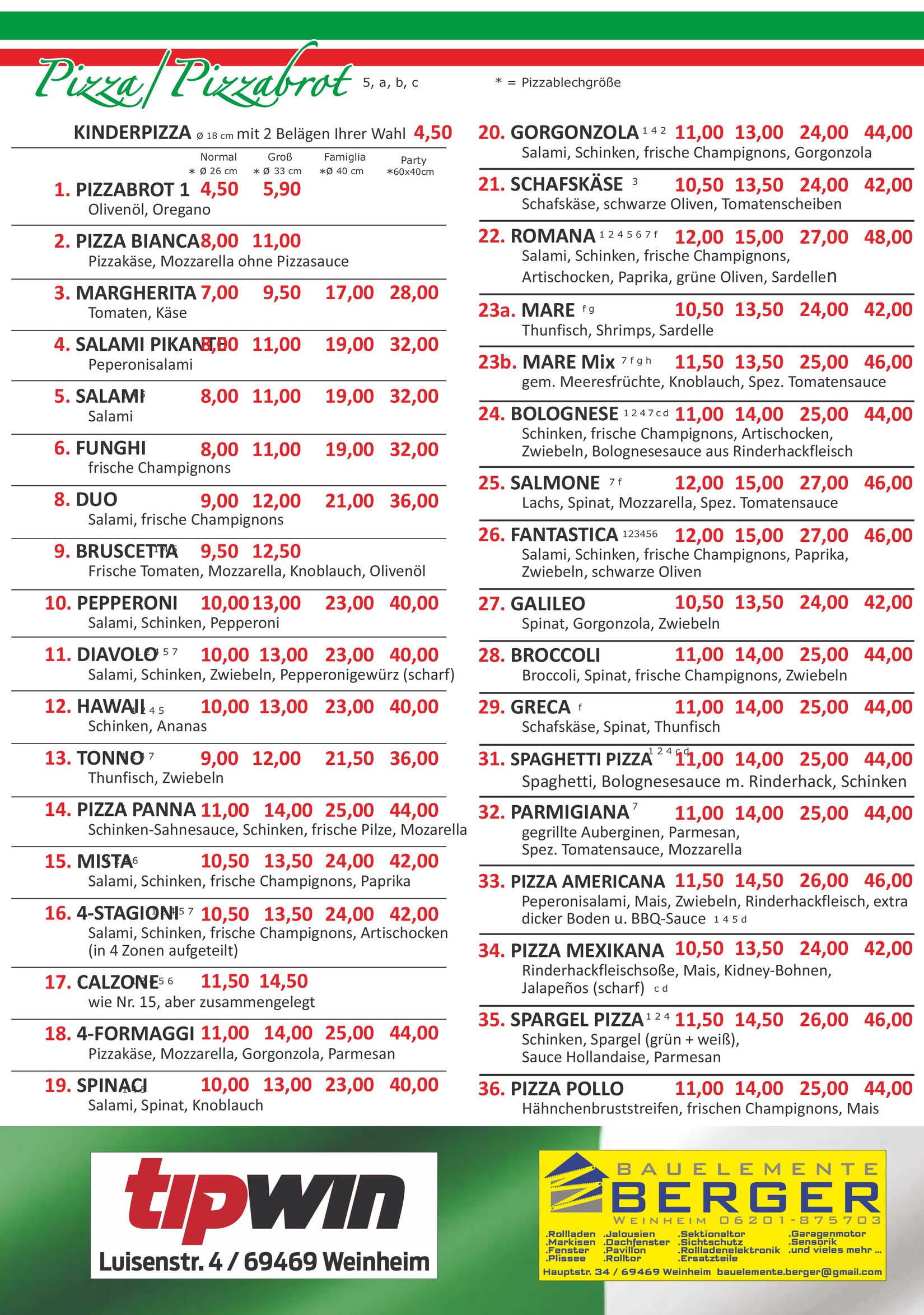 Speisekarte Seite 2 - Pizza und Pizzabrot