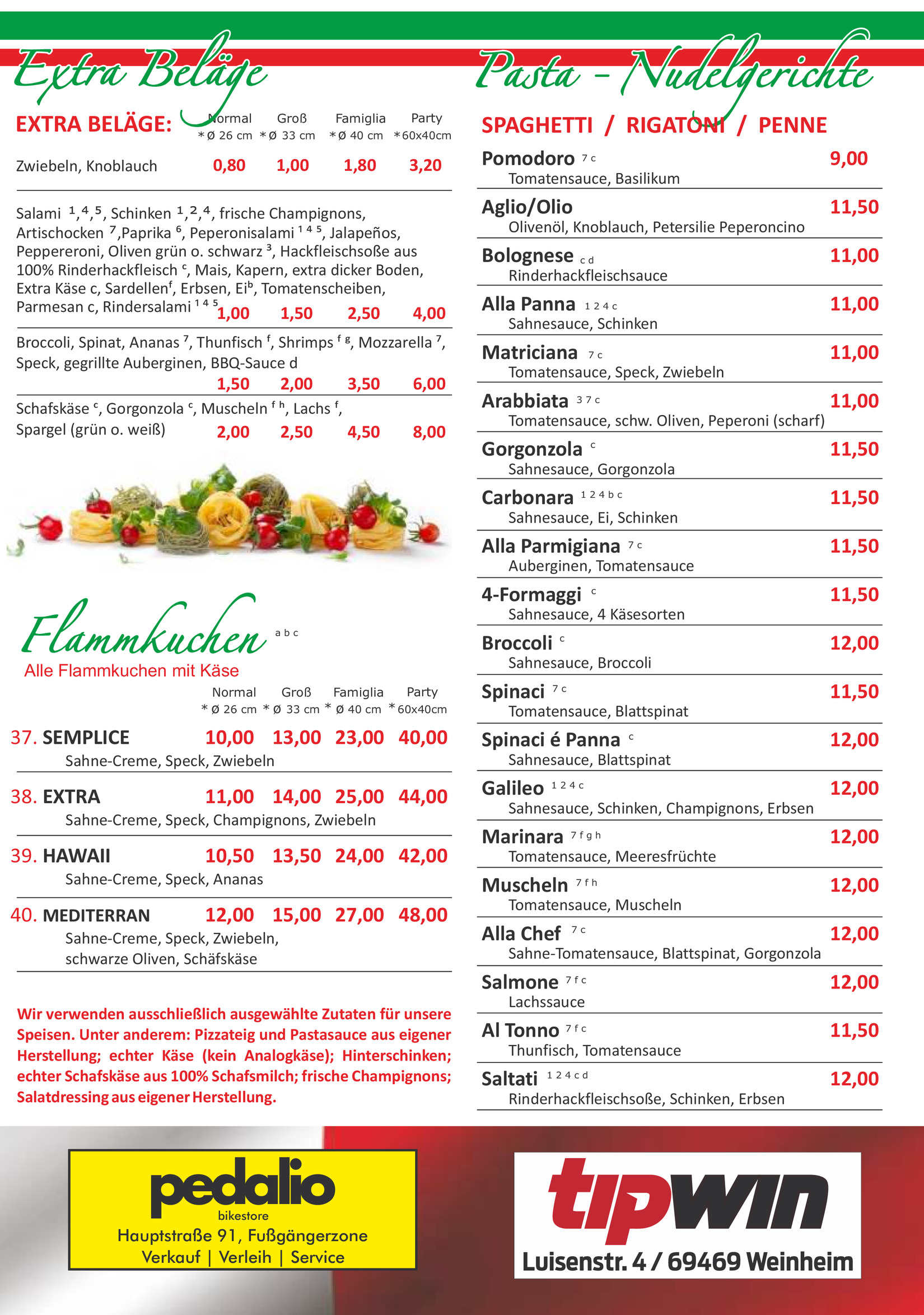 Speisekarte Seite 3 - Extra Beläge, Flammkuchen, Pasta