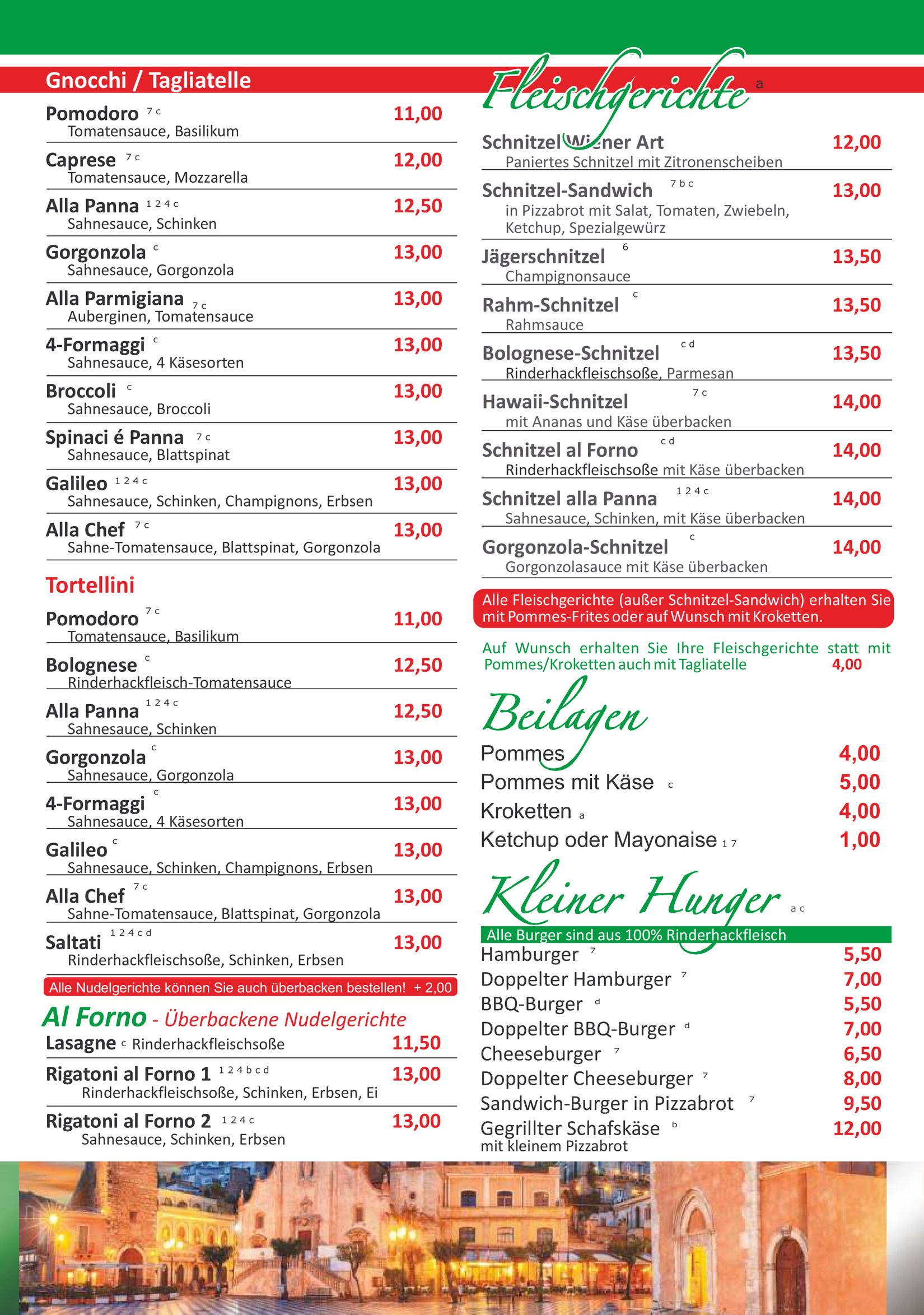 Speisekarte Seite 4 - Fleischgerichte, Beilagen, kleiner Hunger